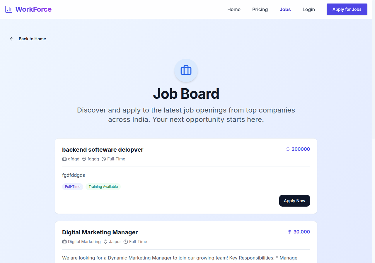 WorkForce job board with training-tagged roles