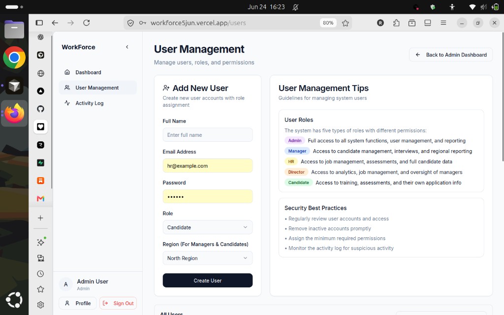 WorkForce user management with role-based permissions